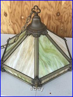 Antique Victorian Slag Glass And Brass Pendant Light Chandelier Dining Room Lamp