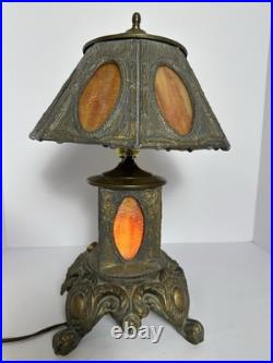 Antique Victorian Slag Glass Table Lamp with Night Light 17 Heavy Spelter Metal