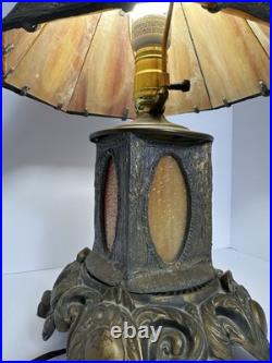 Antique Victorian Slag Glass Table Lamp with Night Light 17 Heavy Spelter Metal