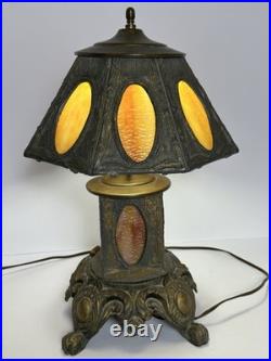 Antique Victorian Slag Glass Table Lamp with Night Light 17 Heavy Spelter Metal