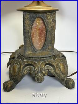 Antique Victorian Slag Glass Table Lamp with Night Light 17 Heavy Spelter Metal