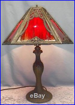 Antique Vintage 6 Panel Red Slag Glass Art Nouveau Handel Era Table Lamp Bows