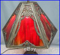 Antique Vintage 6 Panel Red Slag Glass Art Nouveau Handel Era Table Lamp Bows