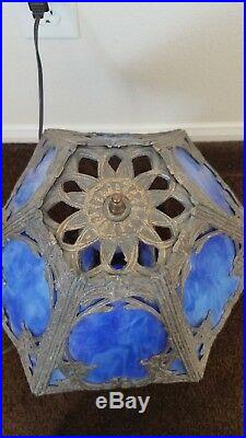 Antique Vintage 6 Top 4 Bottom Panel Blue Slag Glass Lamp Top & Bottom Light Up