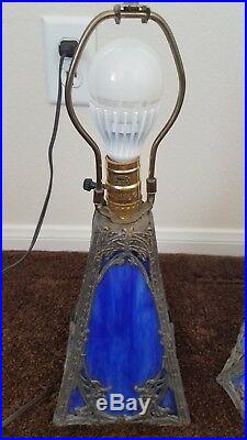 Antique Vintage 6 Top 4 Bottom Panel Blue Slag Glass Lamp Top & Bottom Light Up
