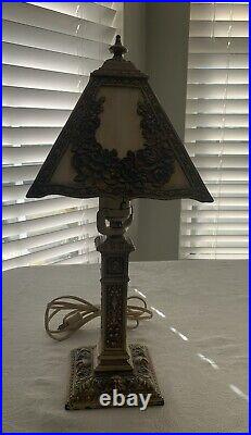 Antique Vintage Art Nouveau 4 Panel Caramel Slag Glass Boudoir Table Lamp