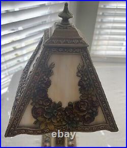 Antique Vintage Art Nouveau 4 Panel Caramel Slag Glass Boudoir Table Lamp