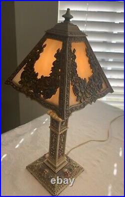 Antique Vintage Art Nouveau 4 Panel Caramel Slag Glass Boudoir Table Lamp