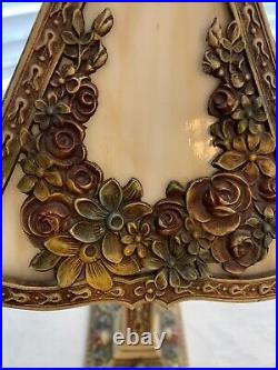 Antique Vintage Art Nouveau 4 Panel Caramel Slag Glass Boudoir Table Lamp