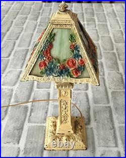 Antique Vintage Art Noveau 4 Rose Floral Panel Slag Glass Boudoir Table Lamp