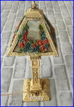 Antique Vintage Art Noveau 4 Rose Floral Panel Slag Glass Boudoir Table Lamp