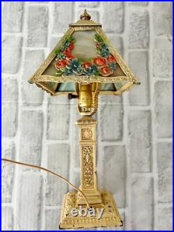 Antique Vintage Art Noveau 4 Rose Floral Panel Slag Glass Boudoir Table Lamp