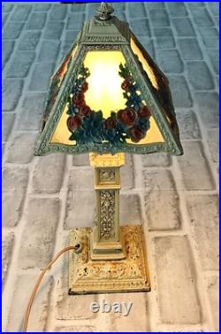 Antique Vintage Art Noveau 4 Rose Floral Panel Slag Glass Boudoir Table Lamp
