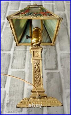 Antique Vintage Art Noveau 4 Rose Floral Panel Slag Glass Boudoir Table Lamp