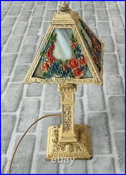 Antique Vintage Art Noveau 4 Rose Floral Panel Slag Glass Boudoir Table Lamp