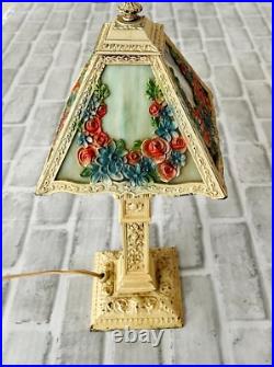 Antique Vintage Art Noveau 4 Rose Floral Panel Slag Glass Boudoir Table Lamp