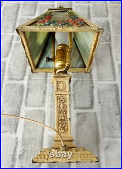 Antique Vintage Art Noveau 4 Rose Floral Panel Slag Glass Boudoir Table Lamp