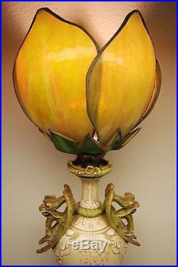 Antique Vintage Austrian Amphora Art Nouveau Griffons Porcelain Slag Glass Lamp