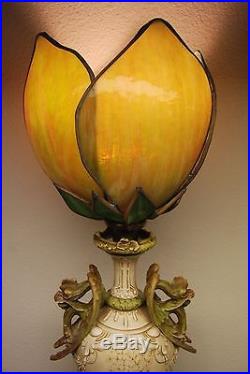 Antique Vintage Austrian Amphora Art Nouveau Griffons Porcelain Slag Glass Lamp