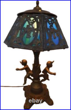 Antique Vintage Blue Slag Glass Lamp with heavy Metal dual cherub Figural Base