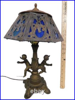 Antique Vintage Blue Slag Glass Lamp with heavy Metal dual cherub Figural Base