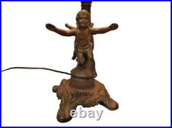 Antique Vintage Blue Slag Glass Lamp with heavy Metal dual cherub Figural Base