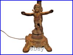 Antique Vintage Blue Slag Glass Lamp with heavy Metal dual cherub Figural Base