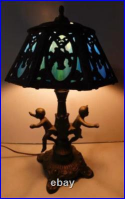 Antique Vintage Blue Slag Glass Lamp with heavy Metal dual cherub Figural Base