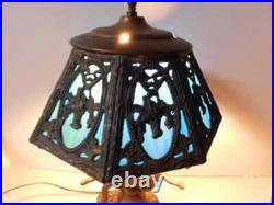 Antique Vintage Blue Slag Glass Lamp with heavy Metal dual cherub Figural Base