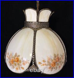 Antique Vintage Curved Stained Slag Glass Swag Lamp Hanging Light Floral Brass L