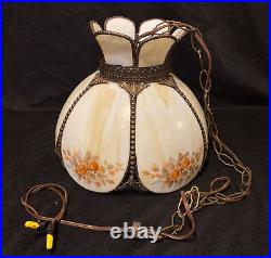 Antique Vintage Curved Stained Slag Glass Swag Lamp Hanging Light Floral Brass L