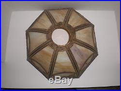 Antique Vintage Eight Panel Slag Glass And Metal Lamp Shade Intricate Design