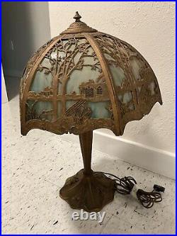 Antique Vintage Green Slag Glass Lamp Shade Trees Art Nouveau Brass GORGEOUS