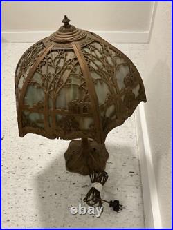 Antique Vintage Green Slag Glass Lamp Shade Trees Art Nouveau Brass GORGEOUS