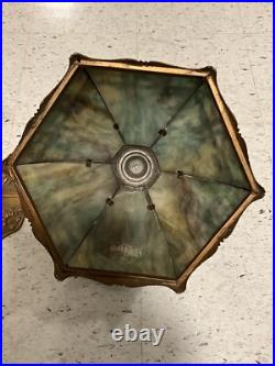 Antique Vintage Green Slag Glass Lamp Shade Trees Art Nouveau Brass GORGEOUS