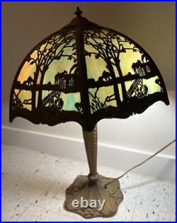 Antique Vintage Green Slag Glass Lamp Shade Trees Art Nouveau Brass GORGEOUS