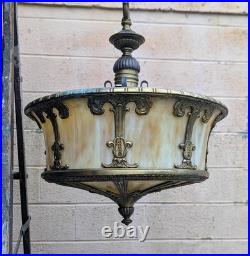 Antique Vintage Old Brass Stained Slag Glass Hanging Ceiling Light Lamp Fixture
