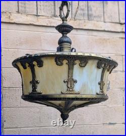 Antique Vintage Old Brass Stained Slag Glass Hanging Ceiling Light Lamp Fixture