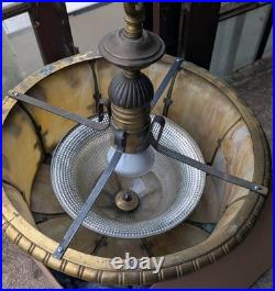 Antique Vintage Old Brass Stained Slag Glass Hanging Ceiling Light Lamp Fixture