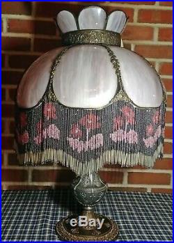 Antique Vintage Pink/Purple Slag Glass Lamp Shade Floral Glass Bead Fringe
