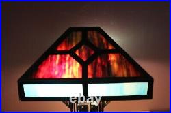 Antique Vintage c. 1910 Mission Oak Arts & Crafts Slag Stained Glass Lamp WithShade