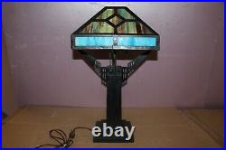 Antique Vintage c. 1910 Mission Oak Arts & Crafts Slag Stained Glass Lamp WithShade