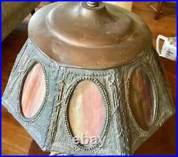 Antique Vintage cast Electric Cherubs Table boudoir Lamp Slag Glass brass Shade