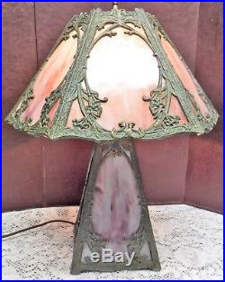 Antique Vtg 6 Top 4 Bottom Panel Purple Slag Glass Lamp Top & Bottom Light Up `