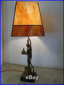 Antique Vtg Art Deco Egyptian Revival Lamp Leaded Slag Glass Shade Marble Base