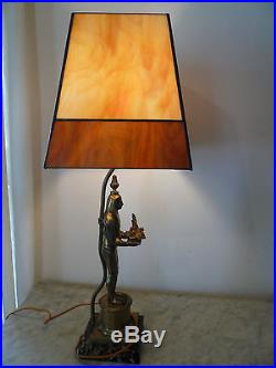 Antique Vtg Art Deco Egyptian Revival Lamp Leaded Slag Glass Shade Marble Base