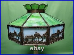 Antique Vtg Arts & Craft Slag Glass Table Lamp 10 Panels Blue & Green 2 Sockets