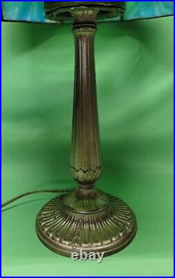 Antique Vtg Arts & Craft Slag Glass Table Lamp 10 Panels Blue & Green 2 Sockets