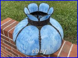 Antique Vtg Bent Slag Glass 8 Panel Lamp Shade Victorian Art Deco Turquoise Blue