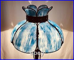 Antique Vtg Bent Slag Glass 8 Panel Lamp Shade Victorian Art Deco Turquoise Blue